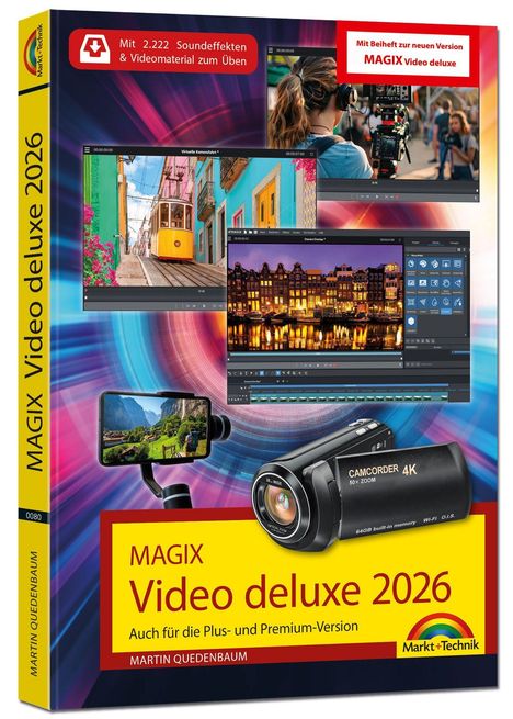 "Magix Video deluxe 2026" mit Kameraabbildung, Bild- und Softwareelementen, bunte Hintergründe.