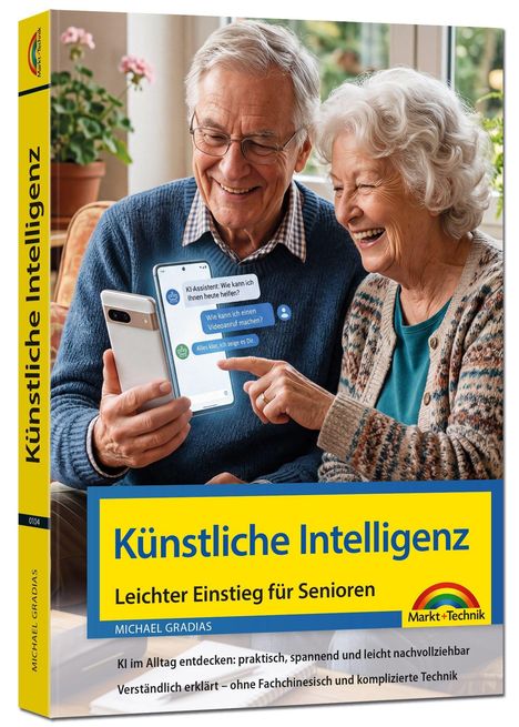 Buchcover: "Künstliche Intelligenz – Leichter Einstieg für Senioren". Ein älteres Paar nutzt ein Smartphone.