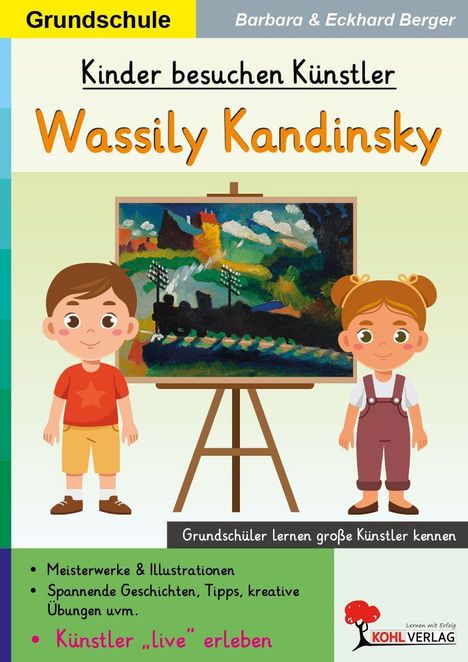"Grundschule. Kinder besuchen Künstler Wassily Kandinsky. Grundschüler lernen große Künstler kennen." Illustration: Zwei Kinder und ein Gemälde.
