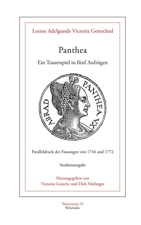 Titel: "Panthea", Drama in fünf Akten. Illustration: Antike Münze mit Profil einer Frau. Herausgeber: Victoria Gutsche, Dirk Niefanger.