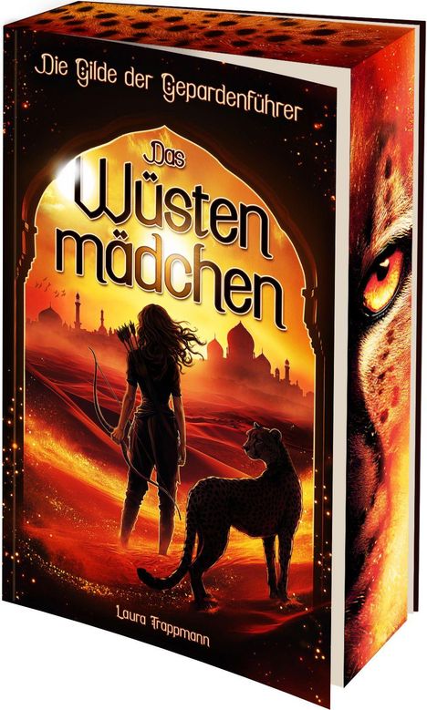 "Das Wüstenmädchen" von Laura Trappmann, Illustration: Silhouette eines Mädchens mit Pfeil und Bogen neben einem Geparden.