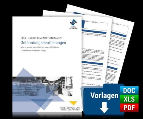 Texte: Gefährdungsbeurteilungen, Vorlagen. Darstellung: Mappe mit Dokumenten und Dateiformate DOC, XLS, PDF.