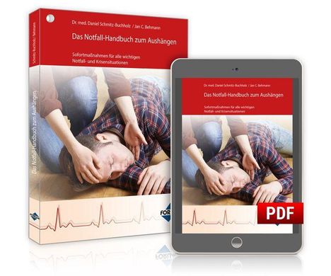 Buch: "Das Notfall-Handbuch zum Aushängen". Sofortmaßnahmen in Notfällen. Cover zeigt Erste-Hilfe-Szene. PDF-Ausgabe.