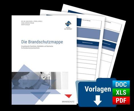 „Die Brandschutzmappe“ und „Vorlagen DOC XLS PDF“. Zeigt Dokumentenstapel mit Logos und ein Download-Symbol.