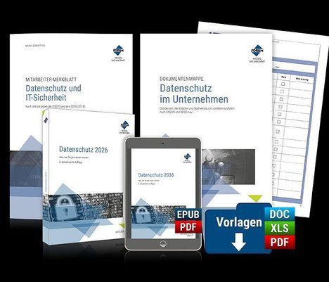 Mehrere Dokumente zum Thema Datenschutz, ein Tablet, und Piktogramme für EPUB, PDF, DOC, XLS.