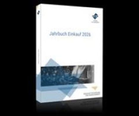 „Jahrbuch Einkauf 2026“ auf weißem Cover mit Logo oben, geometrischen Formen und einem unscharfen Bild unten.