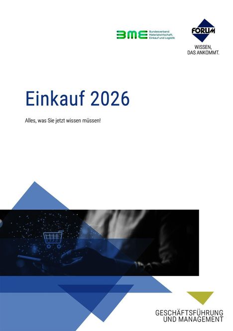 "Einkauf 2026. Alles, was Sie jetzt wissen müssen! Logos von BME und FORUM. Blau-schwarze Illustration mit Einkaufswagen."