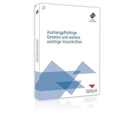 Buch mit Titel: "Aushangpflichtige Gesetze und weitere wichtige Vorschriften". Modernes Design mit blauen Dreiecken.