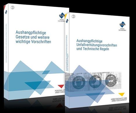 Zwei Buchvorderseiten mit Titeln zu Vorschriften, links "Gesetze", rechts "Unfallverhütung", beide mit geometrischen Mustern.