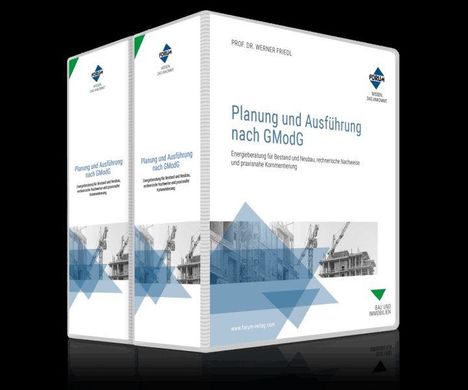 "Planung und Ausführung nach GModG" ist der Haupttext auf einem Ordnercover mit Bauzeichnungen und Logos.