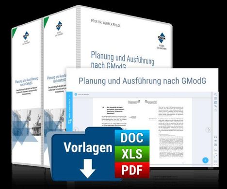 Bücherregal mit "Planung und Ausführung nach GModG", blaues "Vorlagen" Icon mit DOC, XLS, PDF Symbolen darunter.