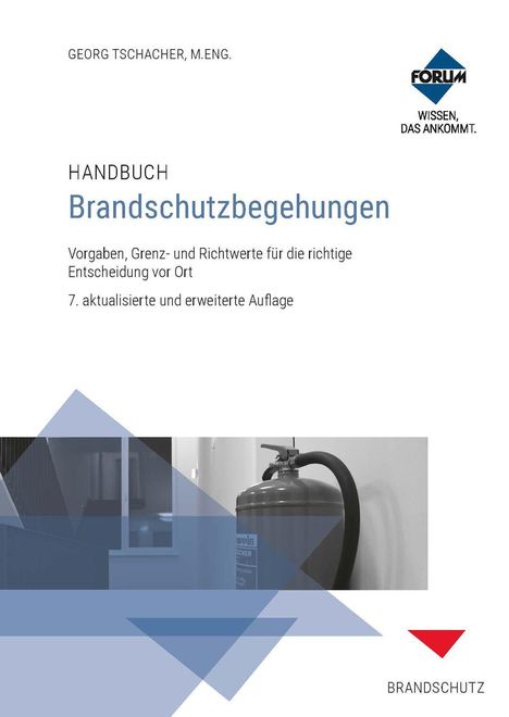 "Handbuch Brandschutzbegehungen," mit einem Feuerlöscher, geometrische Formen und ein blaues Logo rechts oben.