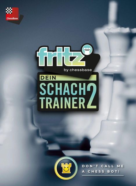 "fritz by chessbase, DEIN SCHACH TRAINER 2." Schachfiguren im Hintergrund, Logo: gelbes Schloss mit Gesicht.