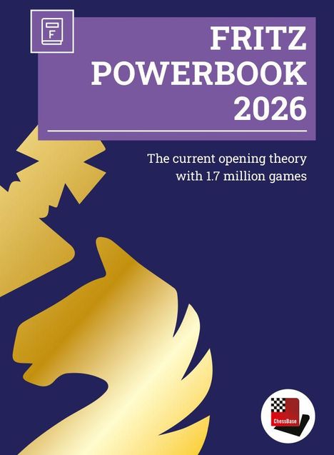 Text: "FRITZ POWERBOOK 2026. The current opening theory with 1.7 million games." Illustration eines goldenen Schachritters.