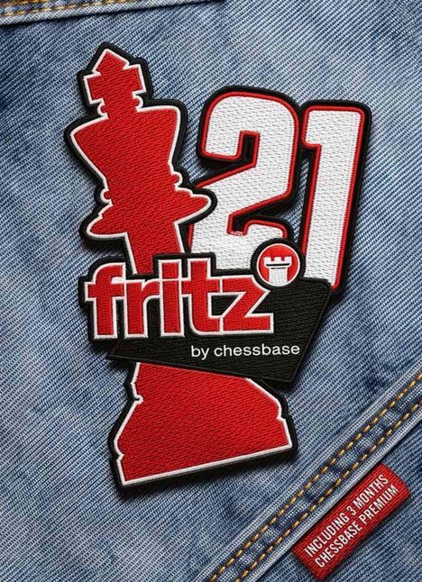 Text: "fritz 21 by chessbase." Design: Rote Schachfigur und Zahlen auf Jeanstoff, Patch-Stil.