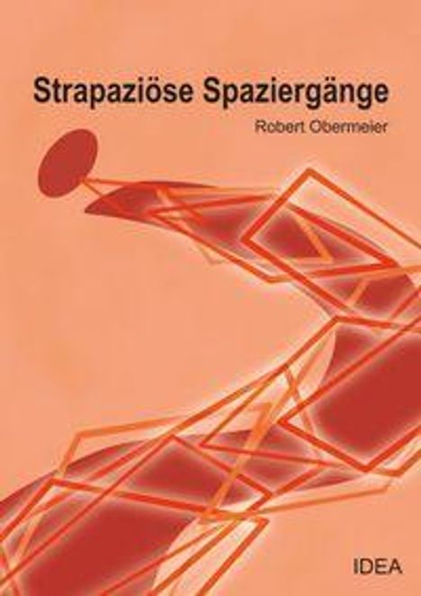 "Strapaziöse Spaziergänge" von Robert Obermeier. Abstrakte, rote geometrische Formen auf orangefarbenem Hintergrund.