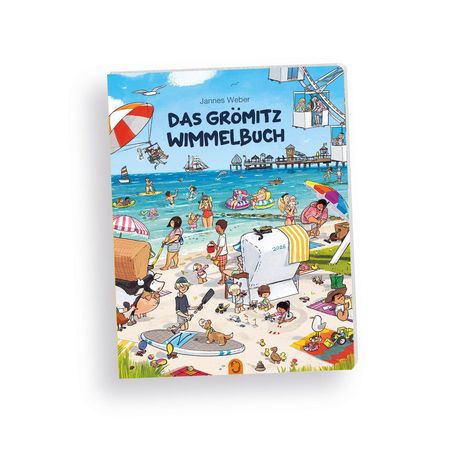 „Das Grömitz Wimmelbuch“ von Jannes Weber. Illustratives Cover zeigt einen belebten Strand mit vielen Menschen und Aktivitäten.