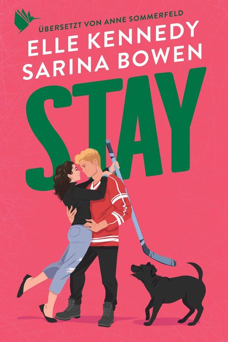 Text: "Übersetzt von Anne Sommerfeld. Elle Kennedy, Sarina Bowen. Stay." Illustration: Paar tanzt, Mann hält Hockeyschläger, Hund.