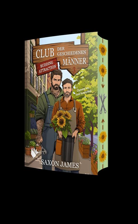 Titel: "Club der geschiedenen Männer 3: Budding Attraction". Zwei Männer mit Sonnenblumen und Werkzeug.
