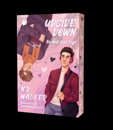 "Upside Down. Die Welt steht Kopf." Zwei junge Männer, einer steht auf dem Kopf, in lila und roter Kleidung, mit Herzen im Hintergrund.