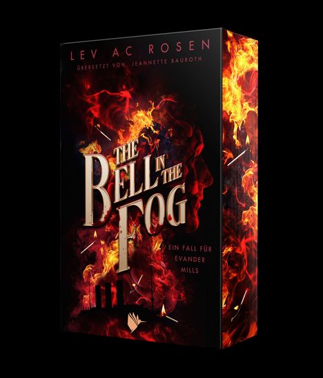 "The Bell in the Fog", ein Fall für Evander Mills. Illustration: Flammen, Silhouette eines Profils und Hinweise auf Kriminalität.