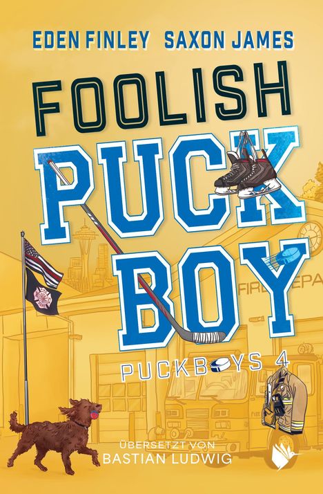 Texte: "Eden Finley Saxon James", "Foolish Puck Boy", "Puckboys 4", "Übersetzt von Bastian Ludwig". Illustration mit Hockey-Elementen.