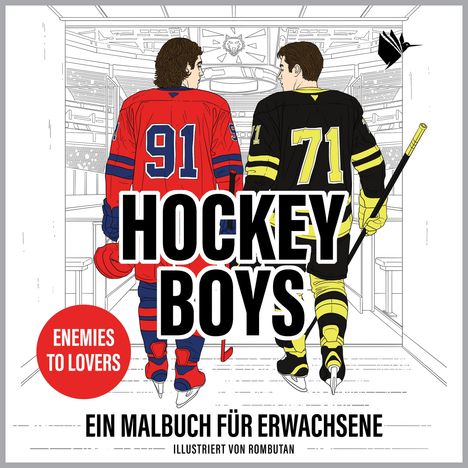 "Hockey Boys", "Enemies to Lovers", "Ein Malbuch für Erwachsene". Zwei Hockeyspieler in Rot und Schwarz von hinten in einer Umkleide.