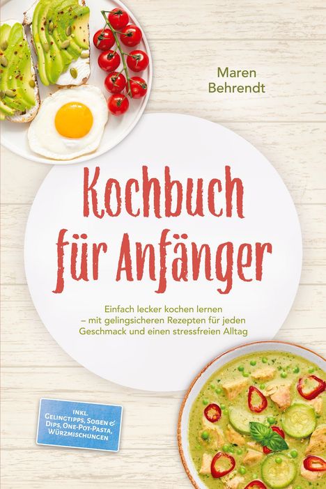 Titel: "Kochbuch für Anfänger". Text: "Einfach lecker kochen lernen". Teller mit Avocado und Tomaten.