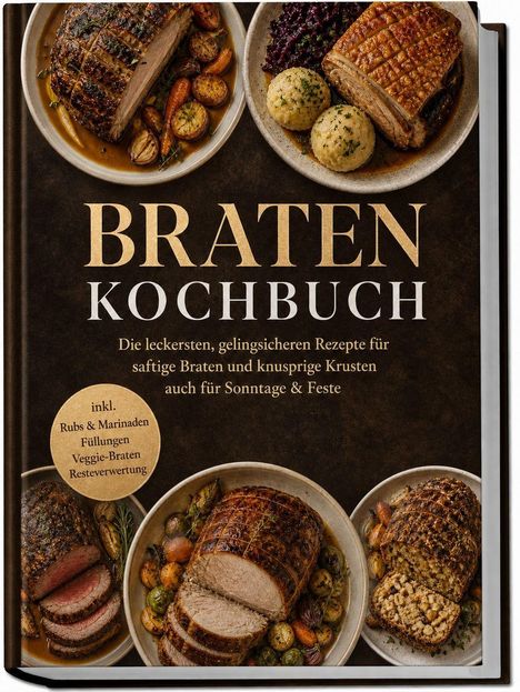 „BRATEN KOCHBUCH“ mit Bildern von verschiedenen Braten und Beilagen. Text: Rezepte für saftige Braten, inkl. Veggie-Braten.
