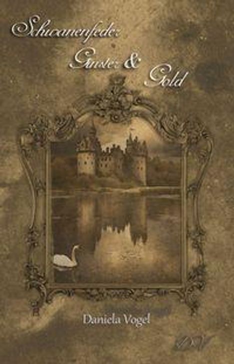 „Schwanenfeder Ginster & Gold“ von Daniela Vogel. Eine antike Illustration mit Schloss und Schwan in Barockrahmen.