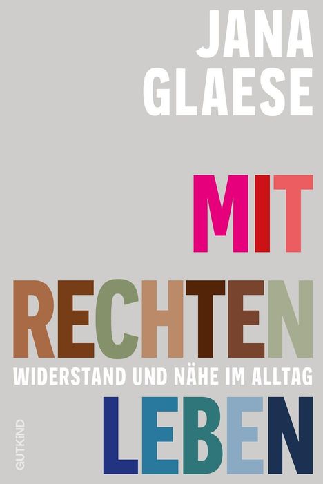 JANA GLAESE, MIT RECHTEN LEBEN: WIDERSTAND UND NÄHE IM ALLTAG. Bunte, große Schrift auf grauem Hintergrund.