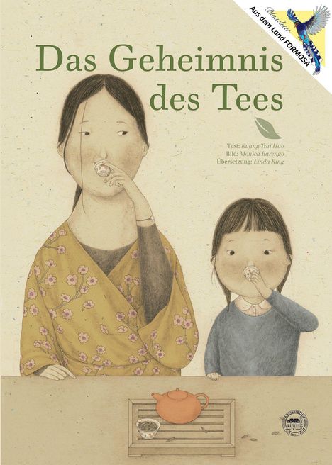 Texte: "Das Geheimnis des Tees", Autoren und Illustratorennamen, Übersetzerin. Illustration: Frau und Kind trinken Tee.
