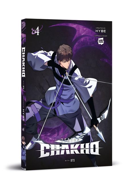 Text: "7Fates: Chakho" und "with BTS". Ein animierter Krieger posiert mit Pfeil und Bogen vor einem violetten Hintergrund.