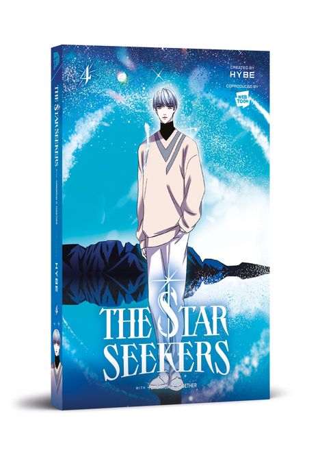 „THE STAR SEEKERS“ steht in großen weißen Buchstaben. Ein junger Mann mit grauem Haarschnitt auf blauem, stellares Hintergrund.