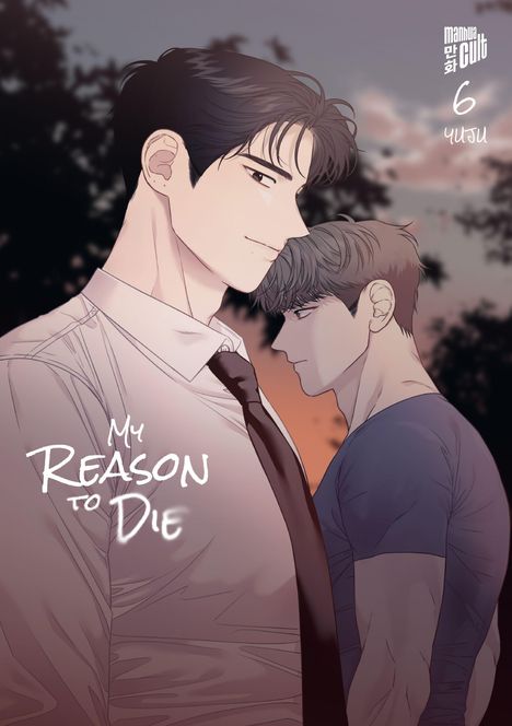 "My Reason to Die", "Manhwa Cult", "6", "Yuju". Zwei Männer im Profil, einer lächelt, der andere ernst. Abendhimmel im Hintergrund.