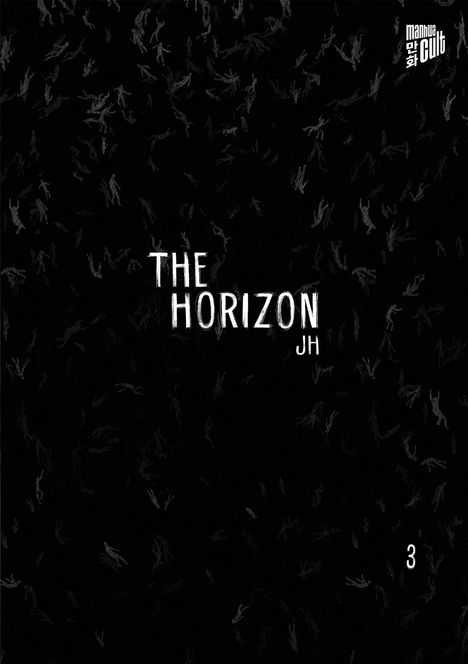 Text: "The Horizon JH", "manhwa Cult", "3". Schwarzer Hintergrund mit verstreuten, skizzenhaften Strichen.