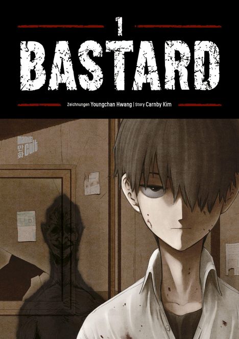 Text: "BASTARD", "Zeichnungen Youngchan Hwang | Story Carnby Kim". Illustration eines jungen Mannes mit halb verdecktem Gesicht.