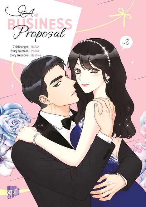 "A Business Proposal", Zeichnungen NARAK, Story Webtoon Perilla, Haehwa. Illustration: Paar in eleganter Kleidung, rosa Hintergrund.