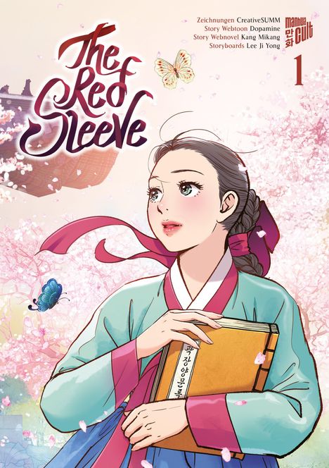 "The Red Sleeve", Zeichnungen CreativeSUMM, Story Webtoon Dopamine. Eine Frau in traditioneller Kleidung hält ein Buch. Blumen und Schmetterlinge.
