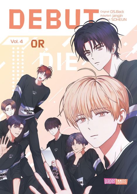 "Debut or Die, Vol. 4." Sieben Jungen in schwarzen Outfits, einige lächelnd, andere ernst, in Anime-Stil gezeichnet.