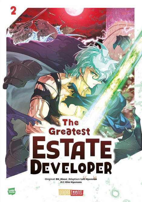 Text: "The Greatest Estate Developer", "Original: BK_Moon", "Adaption: Lee Hyunmin", "Art: Kim Hyunsoo", "Webtoon", "paper toons". Illustration: Krieger mit grünem Schwert, roter Himmel.