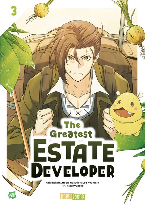 „The Greatest Estate Developer“, Comic-Stil, entschlossene Figur mit Rucksack und gelbem Wesen, Pflanzen im Hintergrund.