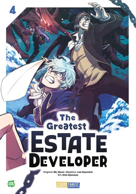"The Greatest Estate Developer." Illustration: Zwei Charaktere, einer mit blauem Haar, kämpfen gegen ein rotes, drachenähnliches Wesen.
