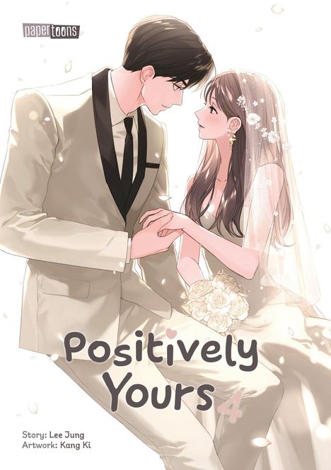 „Positively Yours 4“. Illustration eines Paares in Hochzeitskleidung, das sich zärtlich gegenüber sitzt.