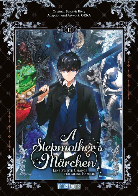 "A Stepmother's Märchen", "Eine zweite Chance für meine Familie". Junge mit Schwert in Anzug, umgeben von Rüstung und Farben.