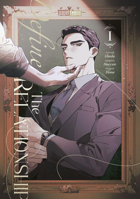 „Define The Relationship“, „Artwork Chada“, „Adaption Haeyun“, „Original Flona“. Illustration eines Mannes in Anzug.