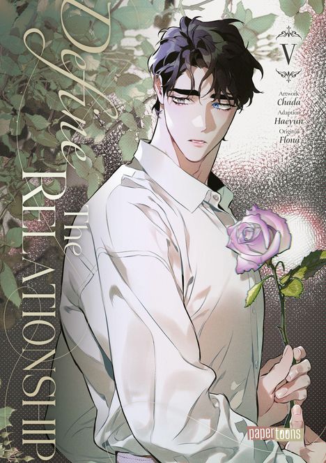„Define the Relationship V.“ Ein Mann mit dunklem Haar hält eine lilafarbene Rose, umgeben von Blättern. Illustrationsstil.