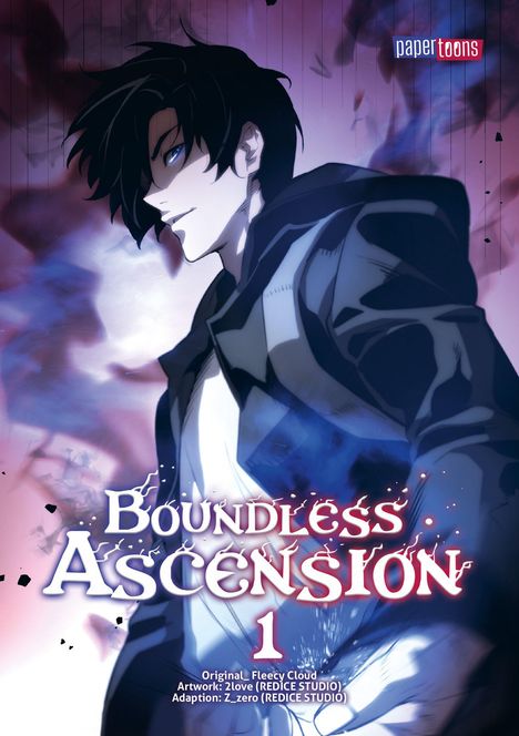 "Boundless Ascension 1." Ein junger Mann mit dunklem Haar, energisch, vor einem mystischen Hintergrund. Oben rechts papertoons-Logo.
