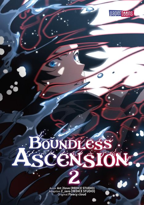 "Boundless Ascension 2" in leuchtenden Buchstaben. Illustration eines Charakters mit intensiven blauen Augen und energischen Linien.
