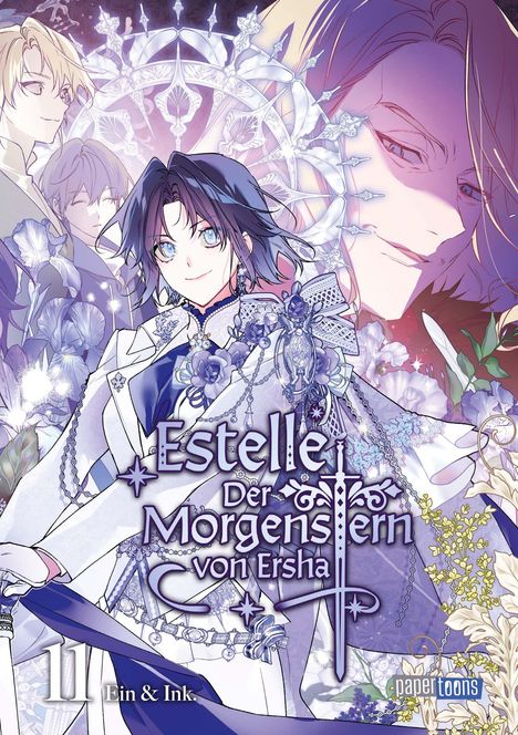 Text: "Estelle: Der Morgenstern von Ersha", "11", "Ein & Ink.", "papier toons". Illustration mit mehreren Figuren.